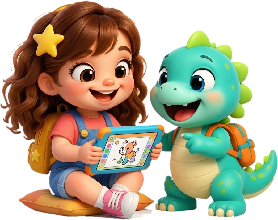 Aimee y Dino coloreando en una tablet